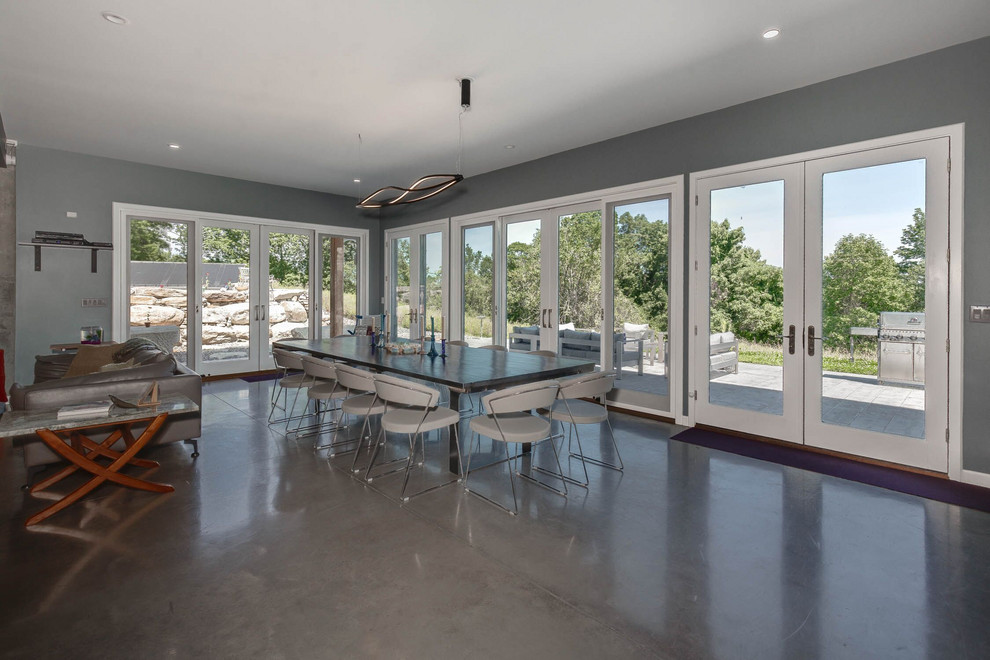 Ispirazione per una sala da pranzo aperta verso il soggiorno industriale di medie dimensioni con pavimento in cemento, pavimento grigio e pareti blu