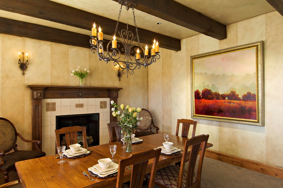 Large mountain style carpeted and brown floor enclosed dining room photo in Other with beige walls, a standard fireplace and a tile fireplace