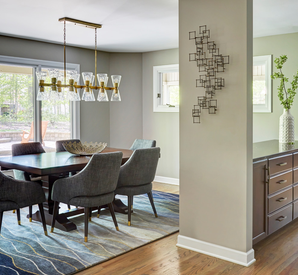 Inspiration for a classic dining room in Chicago with grey walls, medium hardwood flooring and brown floors.