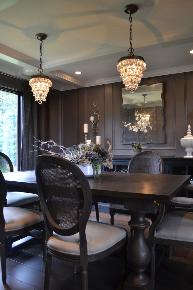 Inspiration for a mid-sized timeless dark wood floor kitchen/dining room combo remodel in New York with gray walls