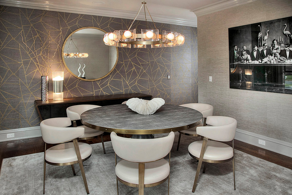Medium sized modern enclosed dining room in New York with grey walls, dark hardwood flooring and brown floors.