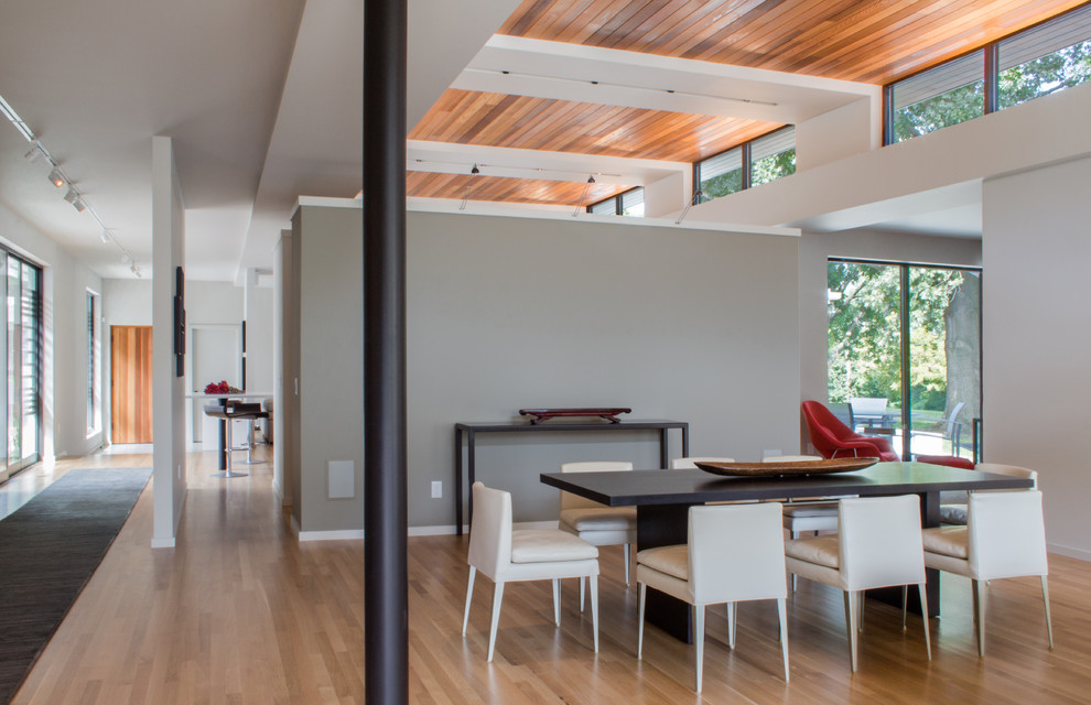 Ispirazione per una sala da pranzo minimalista con pareti grigie e pavimento in legno massello medio
