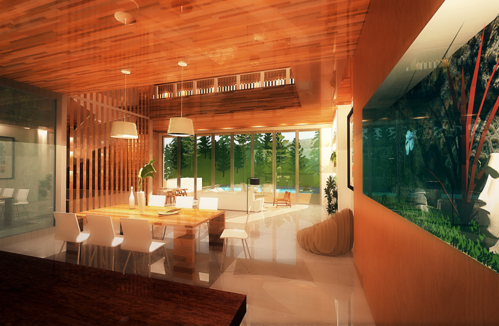 Источник вдохновения для домашнего уюта: большая гостиная-столовая в стиле модернизм с белыми стенами, бетонным полом, деревянным потолком и деревянными стенами