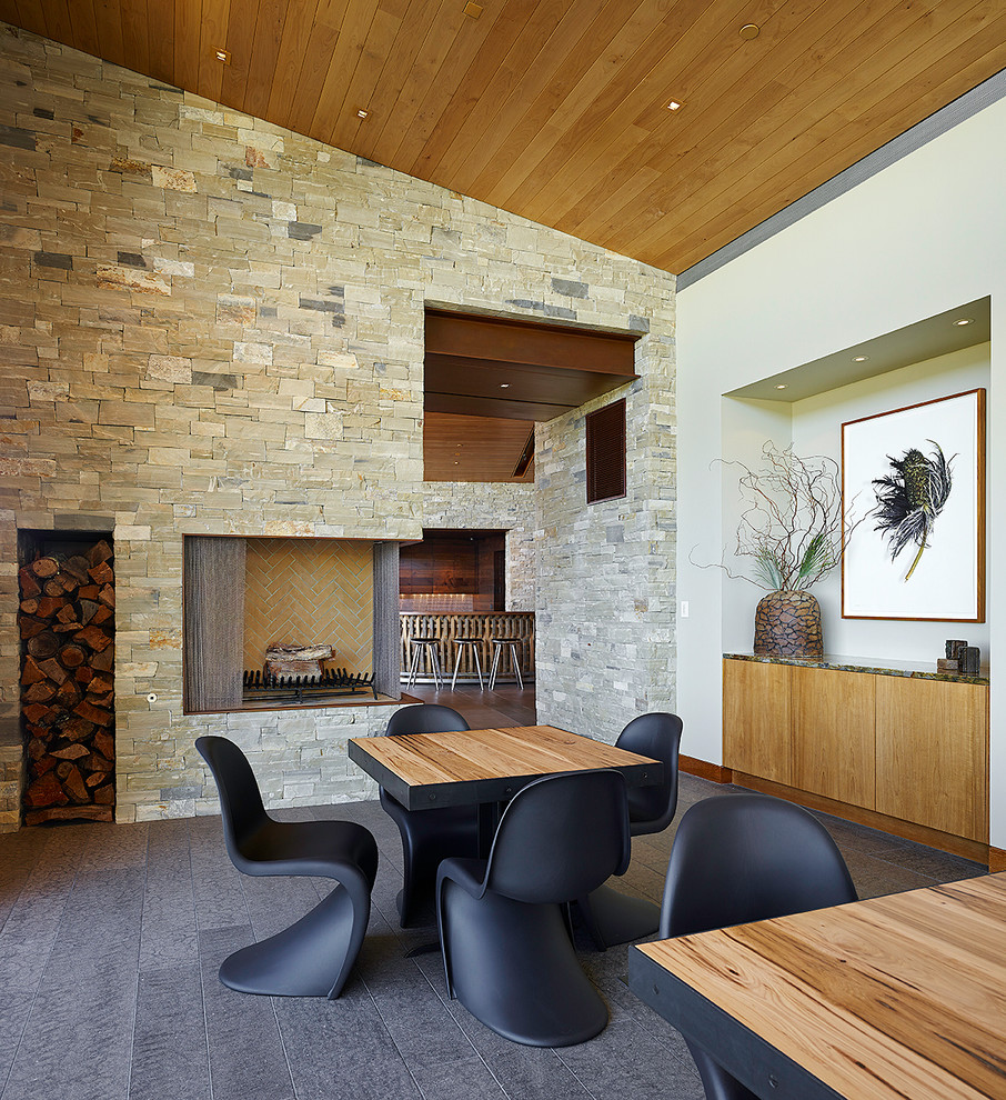 Стильный дизайн: отдельная столовая в стиле модернизм с стандартным камином, фасадом камина из камня и белыми стенами - последний тренд