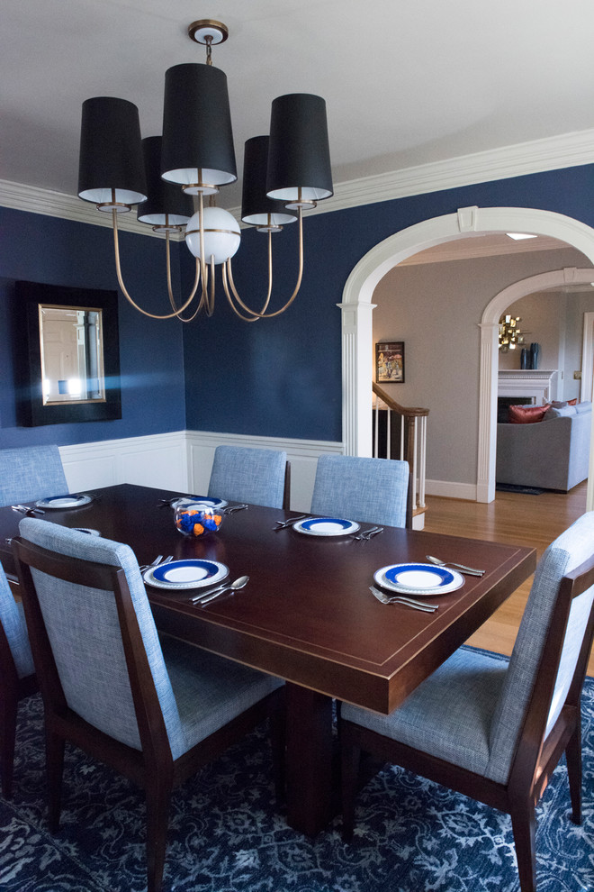 Ejemplo de comedor minimalista de tamaño medio con paredes azules, suelo de madera en tonos medios y suelo marrón