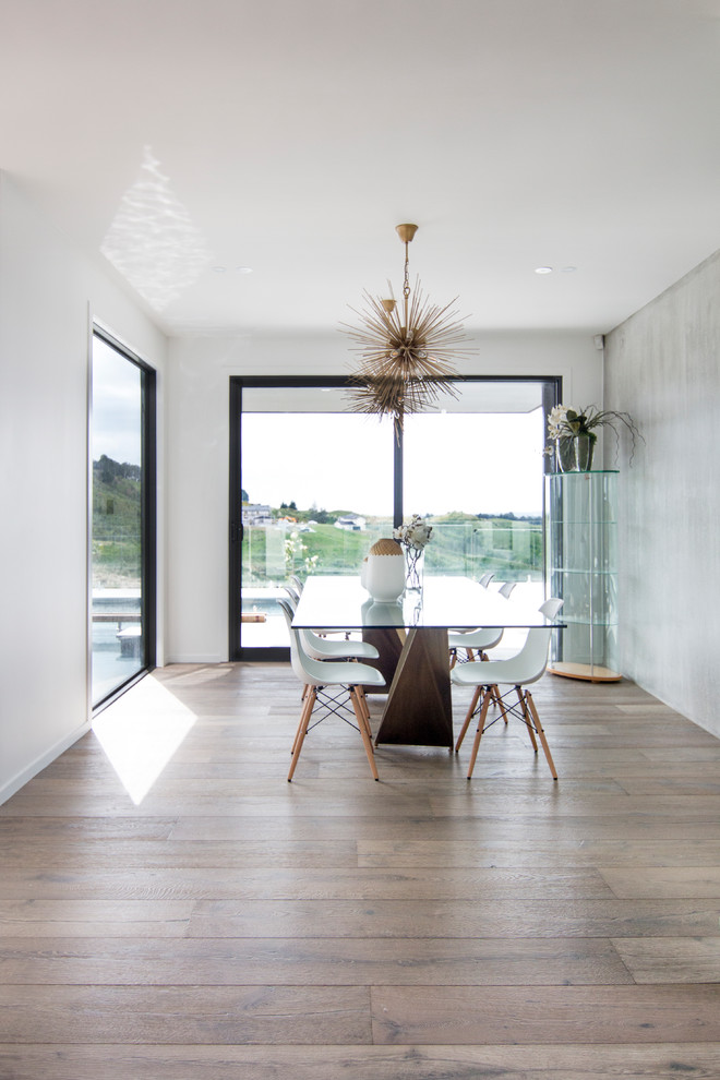 Medium sized modern enclosed dining room in Auckland with medium hardwood flooring, grey walls, no fireplace and brown floors.