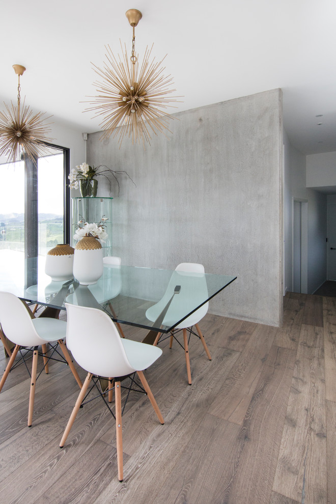 Mittelgroßes, Geschlossenes Modernes Esszimmer ohne Kamin mit braunem Holzboden, grauem Boden und grauer Wandfarbe in Auckland