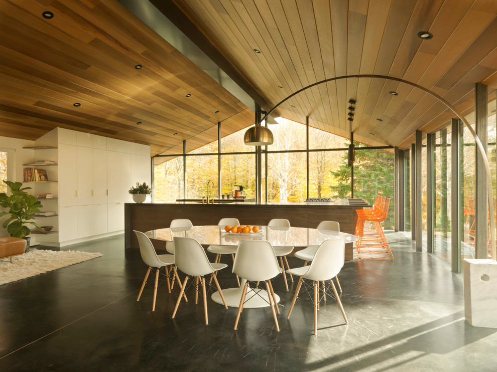 Inspiration pour une salle à manger design avec un mur beige, sol en béton ciré, une cheminée standard, un manteau de cheminée en pierre et un sol noir.