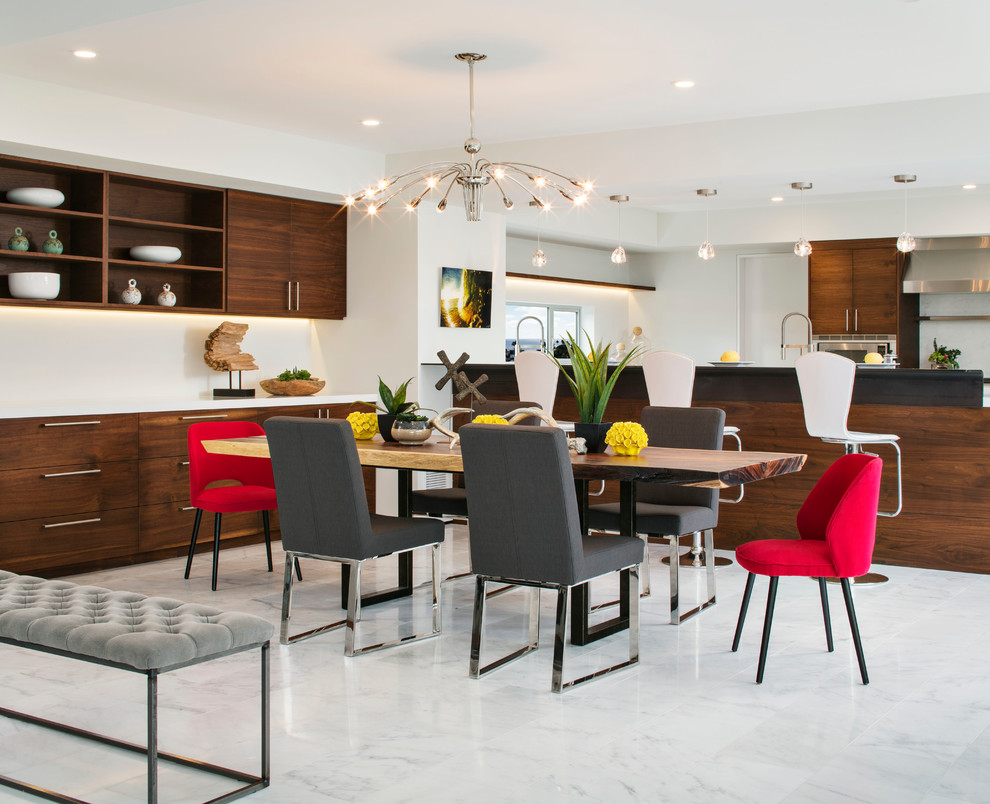 This is an example of a large contemporary kitchen/dining room in San Diego with white walls, marble flooring, no fireplace and white floors.