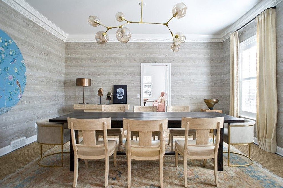 Inspiration for a traditional dining room in San Francisco with grey walls, beige floors and feature lighting.