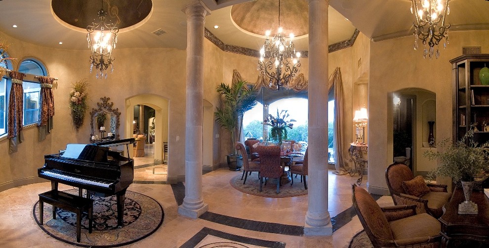 На фото: огромная гостиная-столовая в классическом стиле с бежевыми стенами, полом из керамической плитки и разноцветным полом без камина с