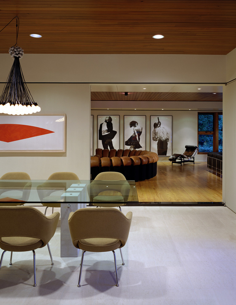 Inspiration for a modern dining room remodel in Other with white walls