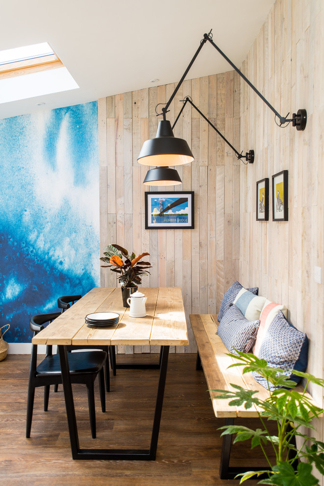 Свежая идея для дизайна: кухня-столовая среднего размера в современном стиле с полом из ламината, коричневым полом, синими стенами и панелями на части стены - отличное фото интерьера