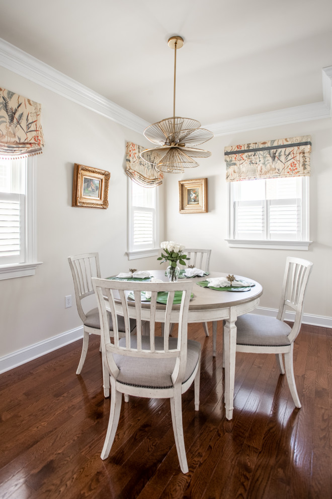 This is an example of a medium sized traditional dining room in Richmond with beige walls, dark hardwood flooring and brown floors.