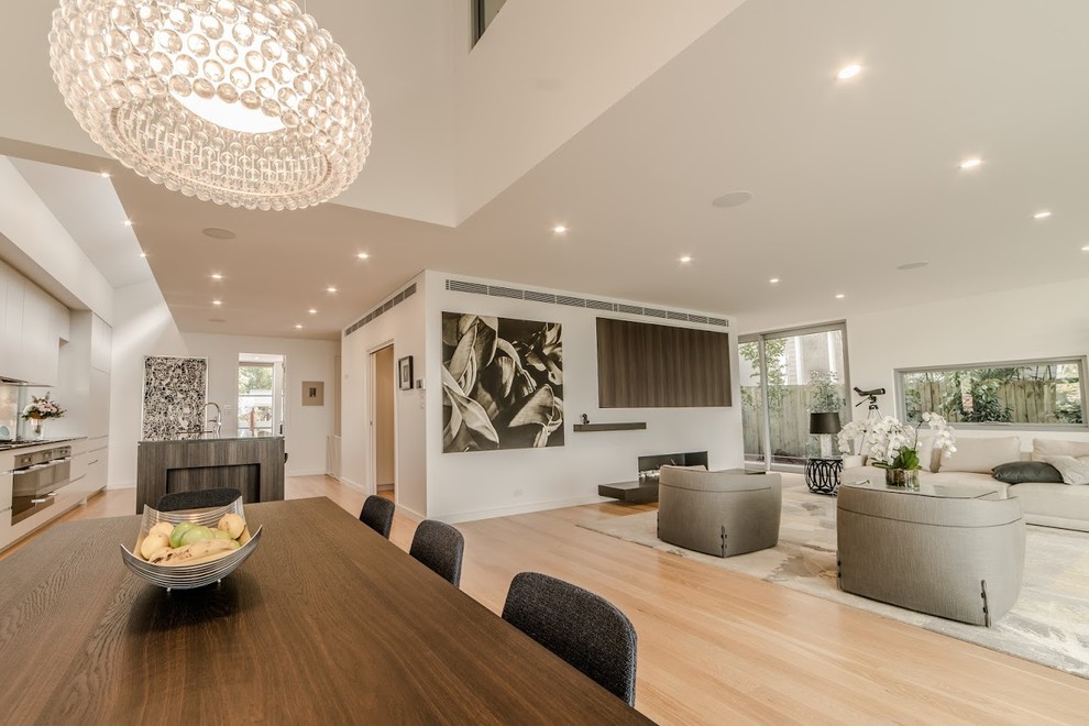 Offenes, Großes Modernes Esszimmer mit weißer Wandfarbe, hellem Holzboden, Gaskamin und Kaminumrandung aus Stein in Sydney