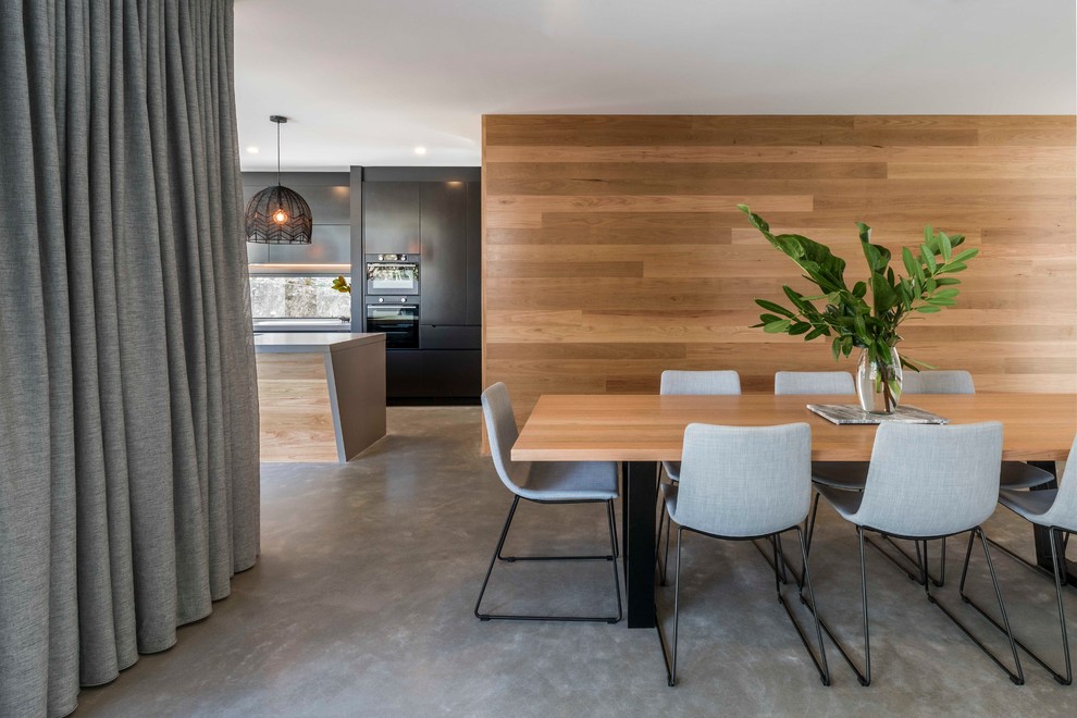 Offenes Modernes Esszimmer mit brauner Wandfarbe, Betonboden und grauem Boden in Brisbane