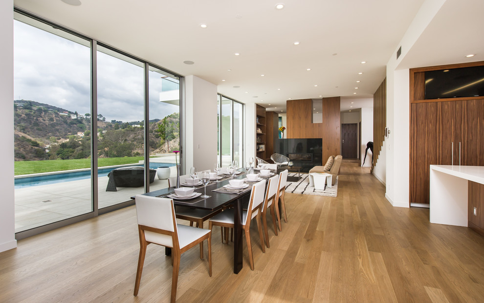 Example of a large minimalist brown floor and light wood floor great room design in Los Angeles with white walls, a standard fireplace and a stone fireplace