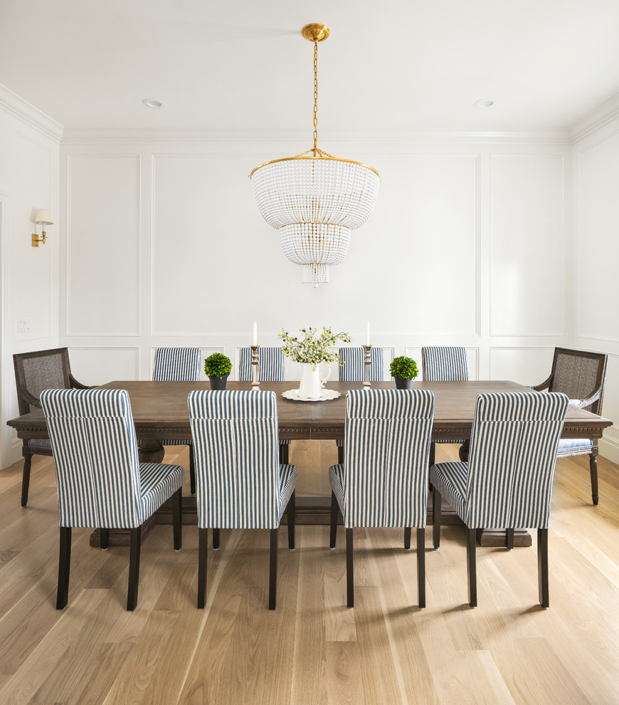 Design ideas for a classic dining room in Salt Lake City with white walls, light hardwood flooring, no fireplace and brown floors.