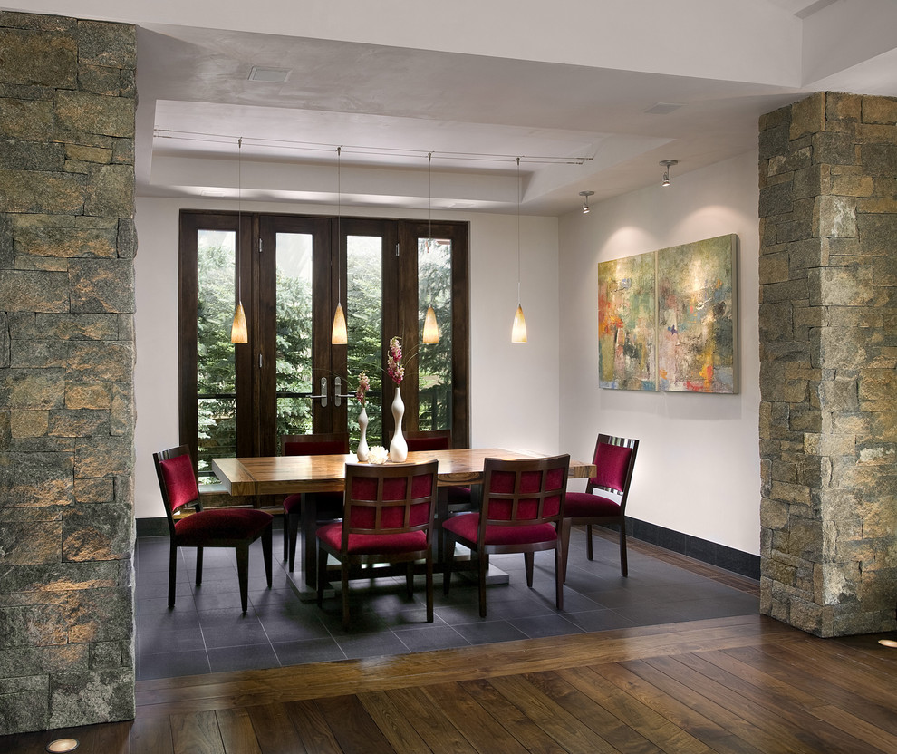 Example of a trendy dark wood floor dining room design in San Francisco with white walls
