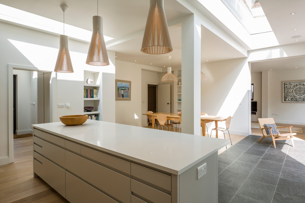 This is an example of a contemporary kitchen/dining room in London with white walls and light hardwood flooring.