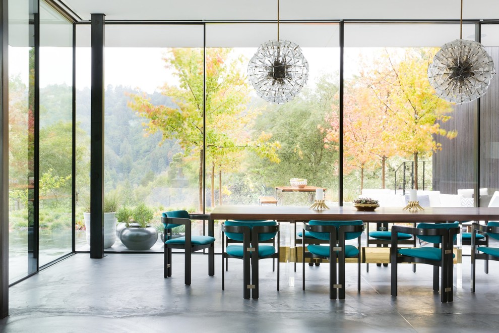 Источник вдохновения для домашнего уюта: столовая в современном стиле с бетонным полом и серым полом