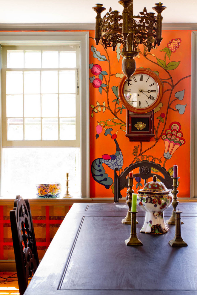 Inspiration for a farmhouse dining room remodel in New York with multicolored walls