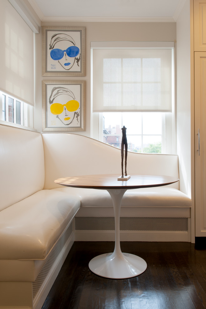 Trendy dark wood floor dining room photo in Boston with beige walls
