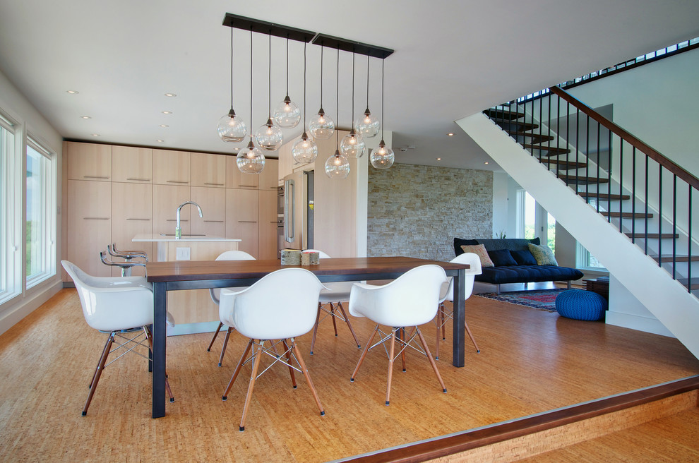 Example of a trendy medium tone wood floor great room design in Toronto