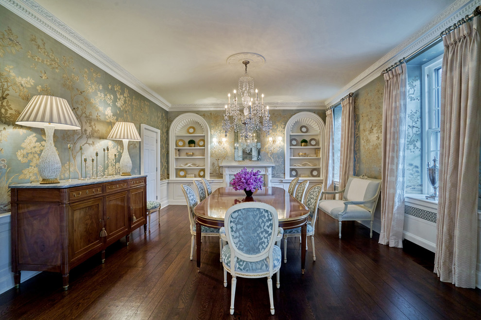 Classic enclosed dining room in New York with metallic walls, dark hardwood flooring and brown floors.
