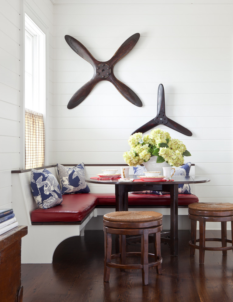 Kitchen/dining room combo - large traditional dark wood floor kitchen/dining room combo idea in Boston with white walls and no fireplace