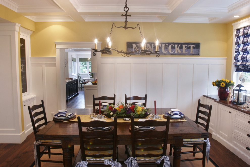 Example of a beach style dark wood floor dining room design in Los Angeles with yellow walls