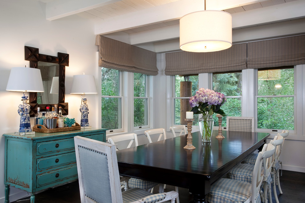 Design ideas for a vintage dining room in Denver with white walls and feature lighting.