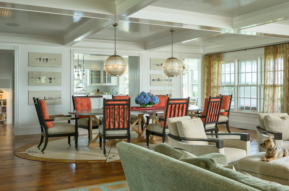 Great room - victorian medium tone wood floor great room idea in New York with white walls