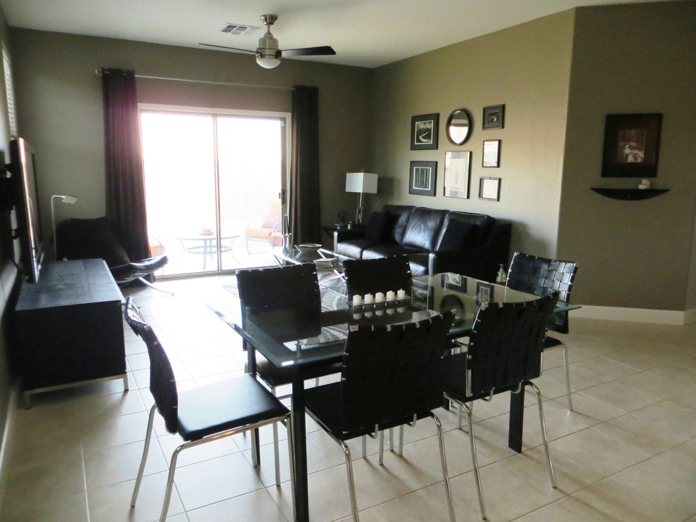 This is an example of a small contemporary open plan dining room in Phoenix with grey walls and ceramic flooring.