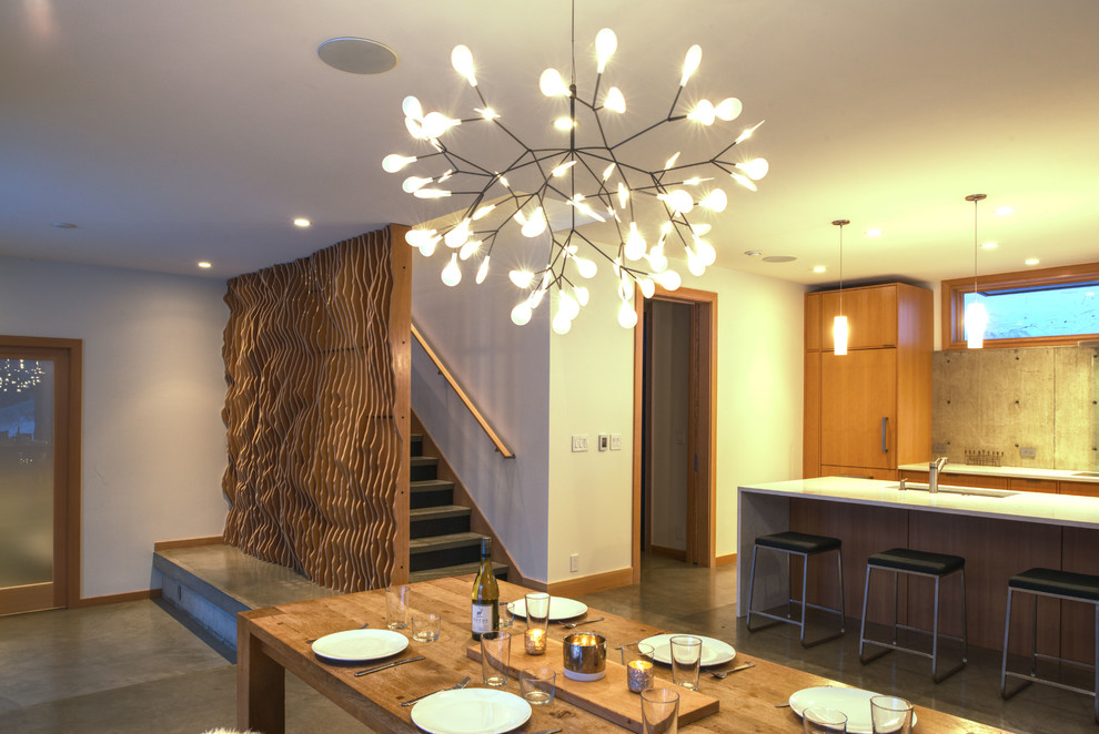 Стильный дизайн: кухня-столовая среднего размера в стиле модернизм с белыми стенами, бетонным полом и серым полом - последний тренд