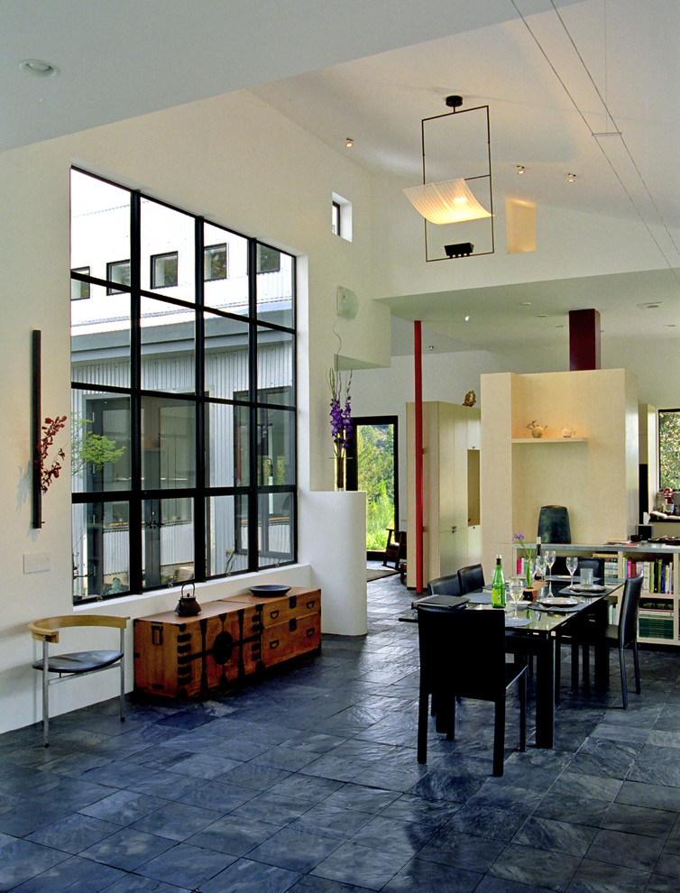 Exemple d'une salle à manger ouverte sur le salon moderne avec un sol en ardoise et un sol bleu.