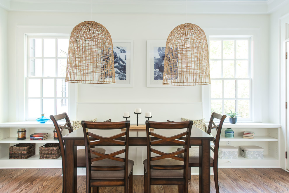 Beach style medium tone wood floor dining room photo in Atlanta with white walls and no fireplace