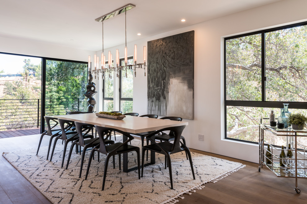Large contemporary open plan dining room in Los Angeles with white walls, medium hardwood flooring, a two-sided fireplace, a stone fireplace surround and brown floors.