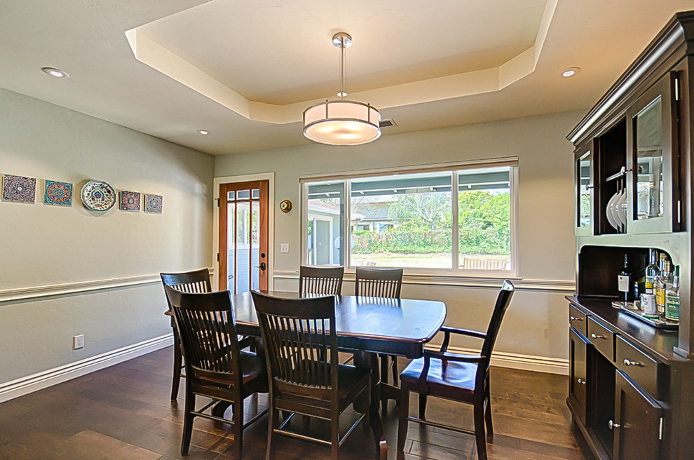 Medium sized farmhouse enclosed dining room in San Francisco with white walls and dark hardwood flooring.