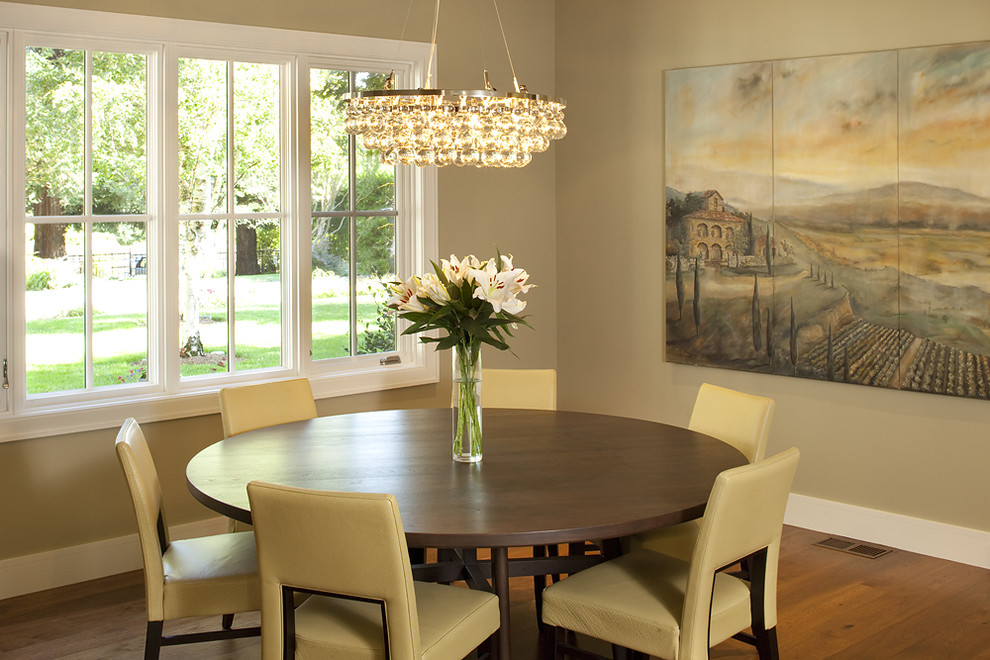 This is an example of a contemporary dining room in San Francisco with beige walls and medium hardwood flooring.