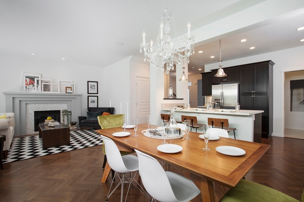 Inspiration for a contemporary dining room remodel in Edmonton with white walls