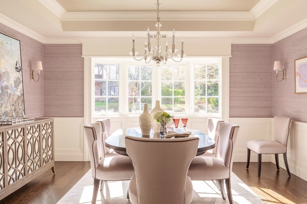 Inspiration for a medium sized traditional enclosed dining room in San Francisco with purple walls, no fireplace and medium hardwood flooring.
