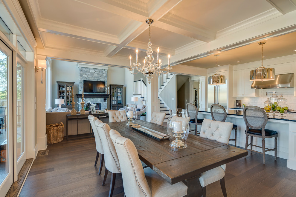Mid-sized elegant dark wood floor great room photo in Vancouver with beige walls
