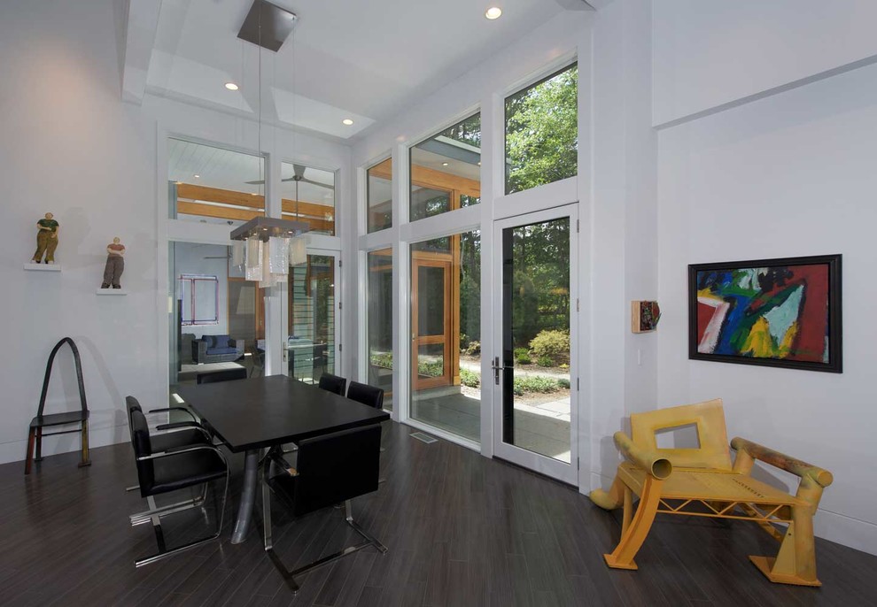 Medium sized contemporary open plan dining room in Boston with white walls and no fireplace.