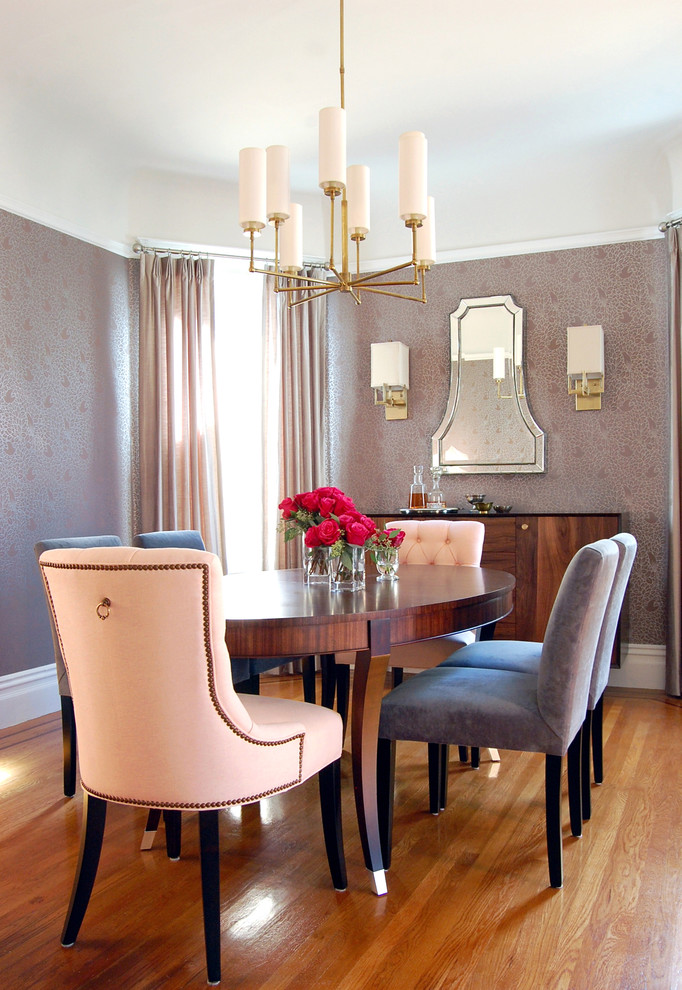 Mid-sized transitional medium tone wood floor enclosed dining room photo in San Francisco with metallic walls