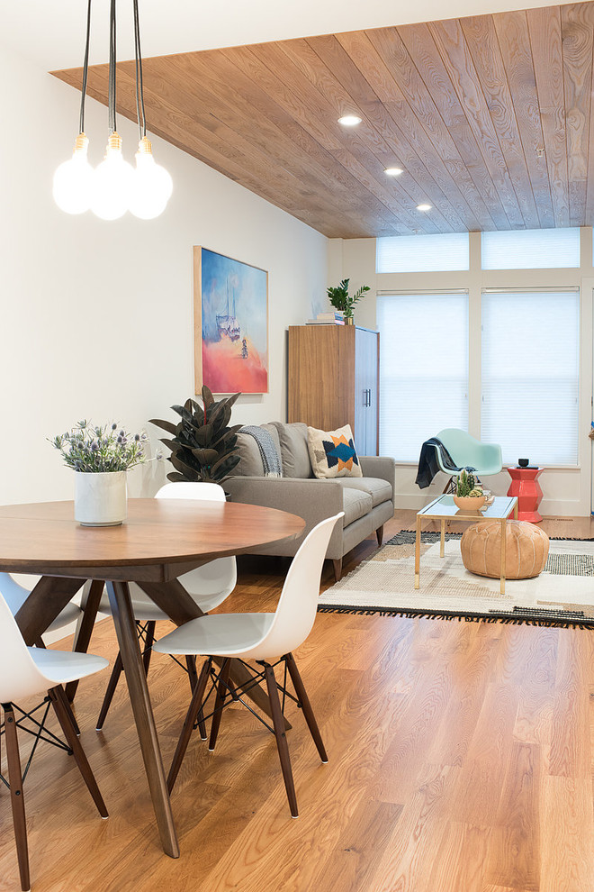 Inspiration for a small scandinavian light wood floor great room remodel in San Francisco with white walls