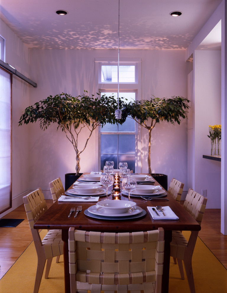 Imagen de comedor clásico renovado de tamaño medio abierto con paredes blancas y suelo de madera clara