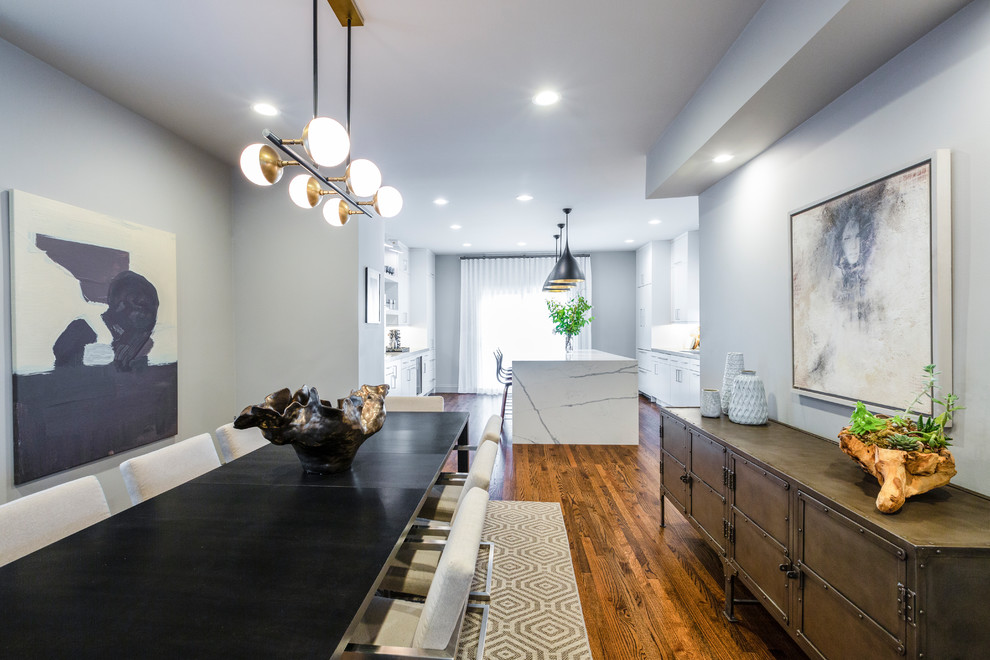 Mid-sized minimalist dark wood floor and brown floor kitchen/dining room combo photo in Chicago with gray walls and no fireplace