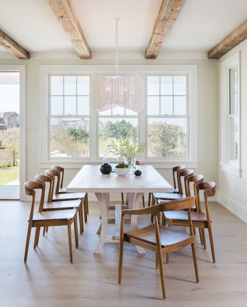 Immagine di una sala da pranzo stile marino di medie dimensioni con parquet chiaro, nessun camino, pavimento beige e pareti beige