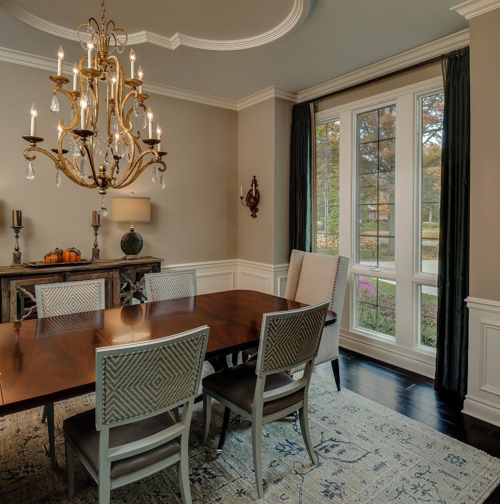 Photo of a large classic enclosed dining room in Detroit with grey walls, dark hardwood flooring and no fireplace.